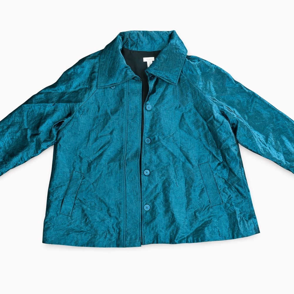 Chico's Teal Shimmery Button-Front Trench Coat
